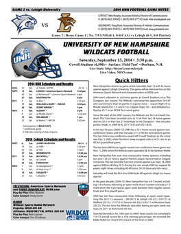 UNIVERSITY of NEW HAMPSHIRE WILDCATS FOOTBALL Saturday, September 13, 2014 • 3:30 P.M