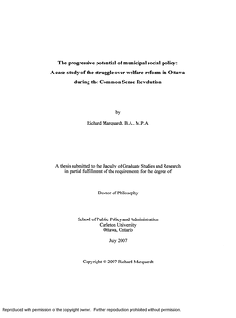 The Progressive Potential of Municipal Social Policy: a Case Study of the Struggle Over Welfare Reform in Ottawa During the Common Sense Revolution