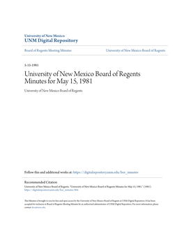 University of New Mexico Board of Regents Minutes for May 15, 1981 University of New Mexico Board of Regents