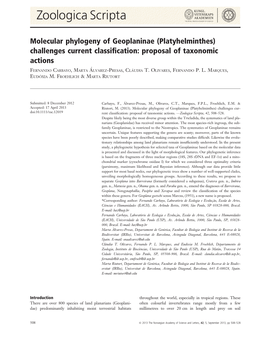 Platyhelminthes) Challenges Current Classiﬁcation: Proposal of Taxonomic Actions � � FERNANDO CARBAYO,MARTA ALVAREZ-PRESAS,CLAUDIA T