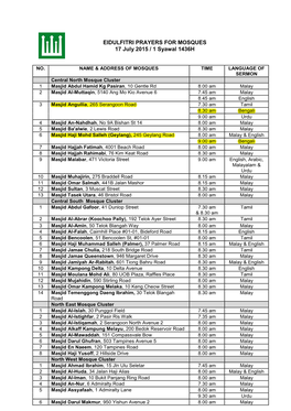 EIDULFITRI PRAYERS for MOSQUES 17 July 2015 / 1 Syawal 1436H