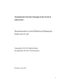 Postmodernist Narrative Strategies in the Novels of John Fowles