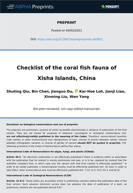 Checklist of the Coral Fish Fauna of Xisha Islands, China