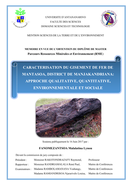 Caracterisation Du Gisement De Fer De Mantasoa, District De Manjakandriana: Approche Qualitative, Quantitative, Environnementale