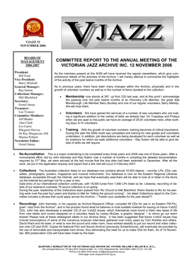 Committee Report to the Annual Meeting of the 2006-2007 Victorian Jazz Archive Inc