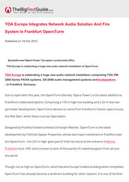 TOA Europe Integrates Network Audio Solution and Fire System in Frankfurt Opernturm