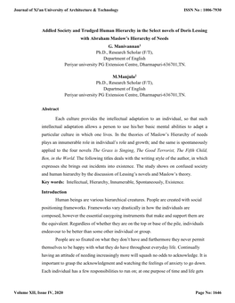 Addled Society and Trudged Human Hierarchy in the Select Novels of Doris Lessing with Abraham Maslow’S Hierarchy of Needs G