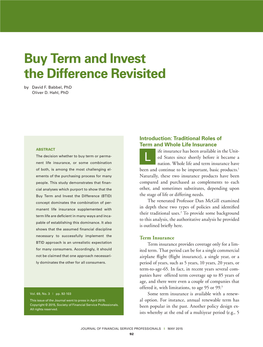 Buy Term and Invest the Difference Revisited by David F