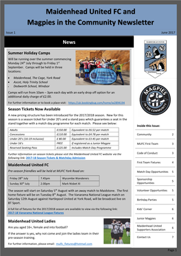 Maidenhead United FC and Magpies in the Community Newsletter