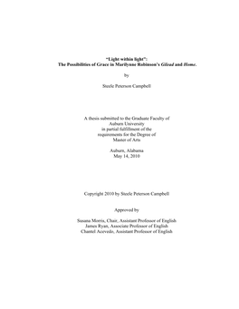 The Possibilities of Grace in Marilynne Robinson's Gilead and Home. by Steele Peterson Campbell a Th
