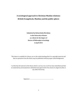 A Sociological Approach to Christian-Muslim Relations: British Evangelicals, Muslims and the Public Sphere