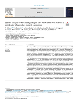 Spectral Analysis of the Cerean Geological Unit Crater Central Peak Material As an Indicator of Subsurface Mineral Composition T ⁎ A