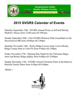 2015 SVGRS Calendar of Events