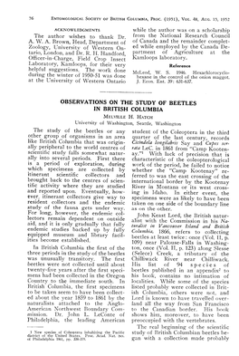 Observ a Tions on the Study of Beetles in British Columbia Melville H
