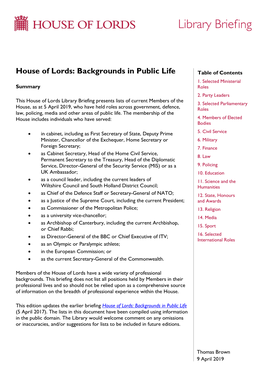 House of Lords: Backgrounds in Public Life Table of Contents 1