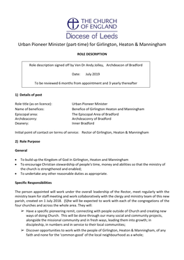 Urban Pioneer Minister (Part-Time) for Girlington, Heaton & Manningham