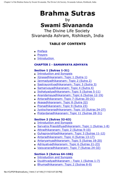 Chapter I of the Brahma Sutras by Swami Sivananda, the Divine Life Society, Sivananda Ashram, Rishikesh, India