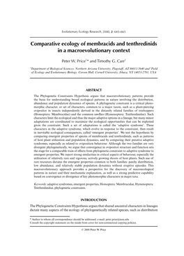 Comparative Ecology of Membracids and Tenthredinids in a Macroevolutionary Context