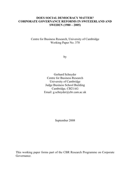 DOES SOCIAL DEMOCRACY MATTER? CORPORATE GOVERNANCE REFORMS in SWITZERLAND and SWEDEN (1980 – 2005) Centre for Business Resear
