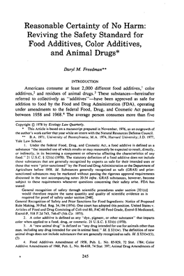 Reasonable Certainty of No Harm: Reviving the Safety Standard for Food Additives, Color Additives, and Animal Drugs*