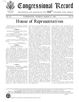 Congressional Record United States Th of America PROCEEDINGS and DEBATES of the 104 CONGRESS, FIRST SESSION