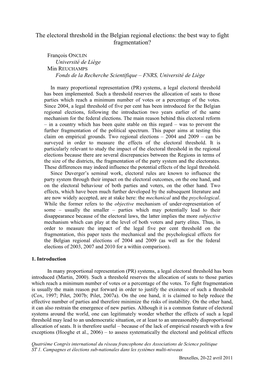 Onclin F, Reuchamps M, the Electoral Threshold in the Belgian Regional