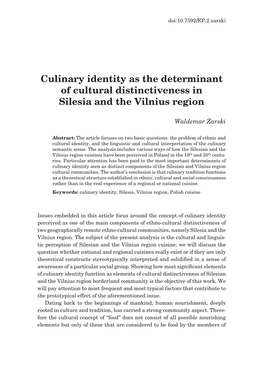 Culinary Identity As the Determinant of Cultural Distinctiveness in Silesia and the Vilnius Region