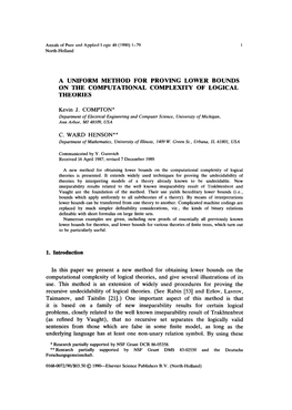 A UNIFORM METHOD for PROVING LOWER BOUNDS on the COMPUTATIONAL COMPLEXITY of LOGICAL THEORIES 1. Introduction