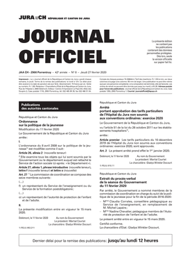 Journal Officiel De La République Et Canton Du Jura » Paraît Chaque Compte De Chèques Postaux 15-336644-4