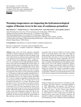 Warming Temperatures Are Impacting the Hydrometeorological Regime of Russian Rivers in the Zone of Continuous Permafrost