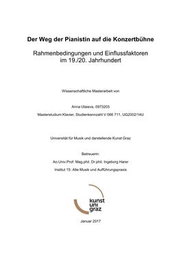 Der Weg Der Pianistin Auf Die Konzertbühne Rahmenbedingungen Und Einflussfaktoren Im 19./20. Jahrhundert