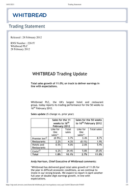 Trading Statement WHITBREAD Trading Update
