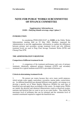 Note for Public Works Subcommittee of Finance Committee