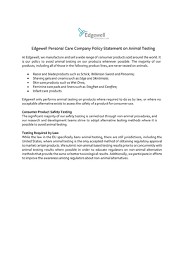 Edgewell Personal Care Company Policy Statement on Animal Testing