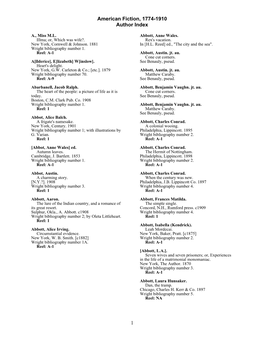 American Fiction, 1774-1910 Author Index 1