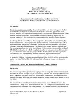 REASONS for DECISION MINISTERIAL APPROVAL PURSUANT to SECTION 15(1)(A) the ENVIRONMENTAL ASSESSMENT ACT