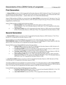 Descendants of the LÜERS Family of Langwedel First Generation