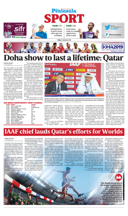Doha Show to Last a Lifetime: Qatar RIZWAN REHMAT “This Championships Will Not I Know Athletes from the Block- the PENINSULA Last 10 Days
