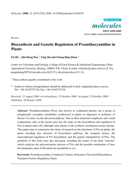 Biosynthesis and Genetic Regulation of Proanthocyanidins in Plants