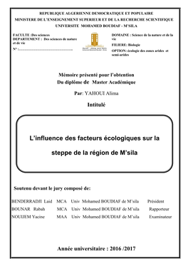 L'influence Des Facteurs Écologiques Sur La Steppe De La Région De M'sila