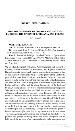 The Marriage of Jogaila and Jadwiga Embodies the Union of Lithuania and Poland S.C