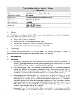 Technical Airworthiness Authority Advisory (TAA Advisory)