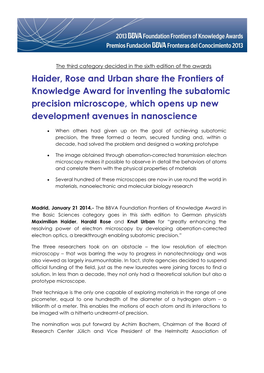 Haider, Rose and Urban Share the Frontiers of Knowledge Award for Inventing the Subatomic Precision Microscope, Which Opens up New Development Avenues in Nanoscience