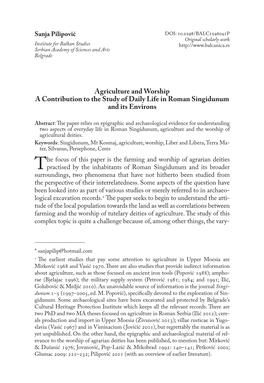 Agriculture and Worship a Contribution to the Study of Daily Life in Roman Singidunum and Its Environs