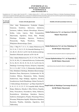 INFORMACJA KOMISARZA WYBORCZEGO W OSTROŁĘCE II Z Dnia 18 Kwietnia 2019 R