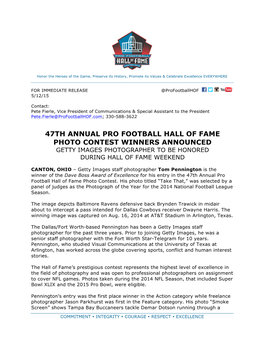 47Th Annual Pro Football Hall of Fame Photo Contest Winners Announced Getty Images Photographer to Be Honored During Hall of Fame Weekend