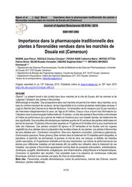 Importance Dans La Pharmacopée Traditionnelle Des Plantes À