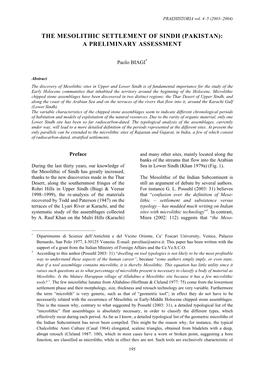 The Mesolithic Settlement of Sindh (Pakistan): a Preliminary Assessment