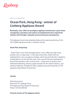 Ocean Park, Hong Kong - Winner of Liseberg Applause Award