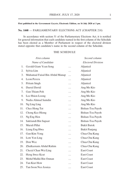 FRIDAY, JULY 17, 2020 1 No. 1448 –– PARLIAMENTARY ELECTIONS ACT (CHAPTER 218) in Accordance with Section 51 of the Parliamen